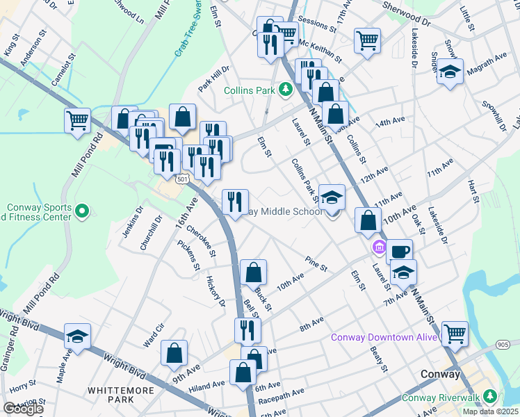 map of restaurants, bars, coffee shops, grocery stores, and more near 1245 Barker St in Conway