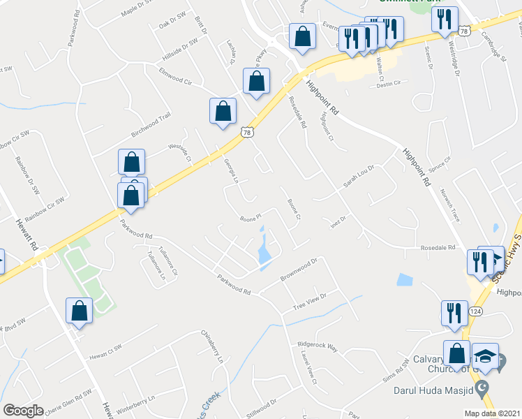 map of restaurants, bars, coffee shops, grocery stores, and more near 2230 Boone Place in Snellville