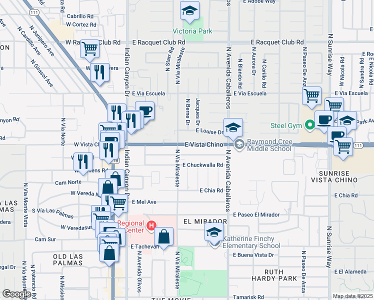 map of restaurants, bars, coffee shops, grocery stores, and more near 686 East Cottonwood Road in Palm Springs