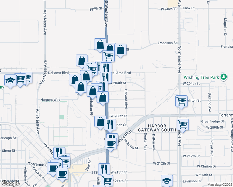 map of restaurants, bars, coffee shops, grocery stores, and more near 1636 West 205th Street in Torrance
