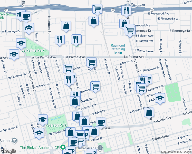 map of restaurants, bars, coffee shops, grocery stores, and more near 741 North Sabina Street in Anaheim