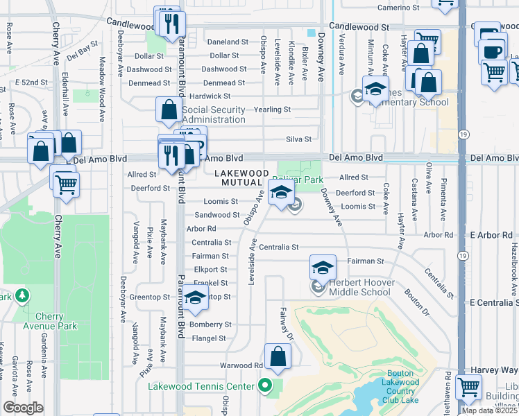map of restaurants, bars, coffee shops, grocery stores, and more near 4746 Obispo Avenue in Lakewood