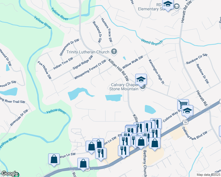 map of restaurants, bars, coffee shops, grocery stores, and more near 4343 Pond Edge Road Southwest in Snellville