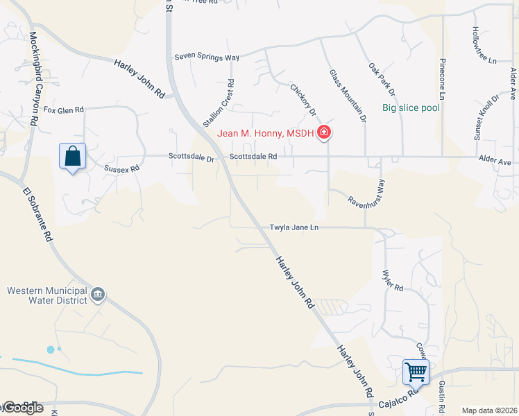 map of restaurants, bars, coffee shops, grocery stores, and more near Harley John Road in Lake Mathews
