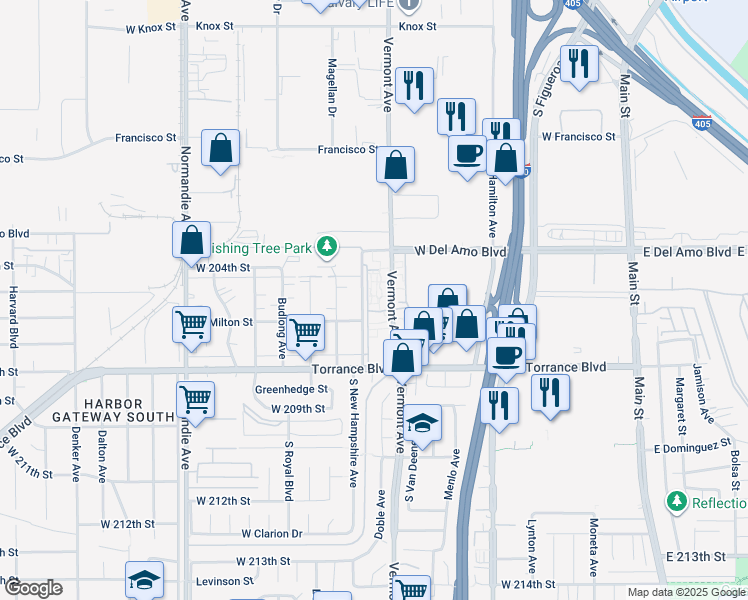 map of restaurants, bars, coffee shops, grocery stores, and more near 20529 Vermont Avenue in Torrance