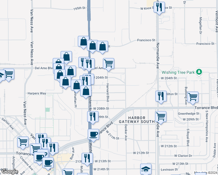 map of restaurants, bars, coffee shops, grocery stores, and more near 20502 Harvard Boulevard in Torrance