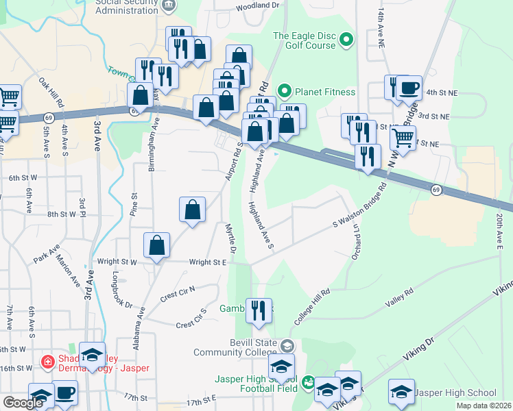 map of restaurants, bars, coffee shops, grocery stores, and more near 703 Highland Avenue South in Jasper