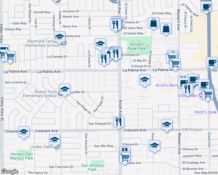 map of restaurants, bars, coffee shops, grocery stores, and more near 6932 San Joaquin Circle in Buena Park