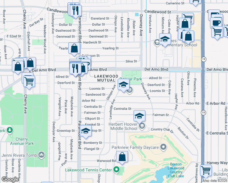 map of restaurants, bars, coffee shops, grocery stores, and more near 4746 Obispo Avenue in Lakewood
