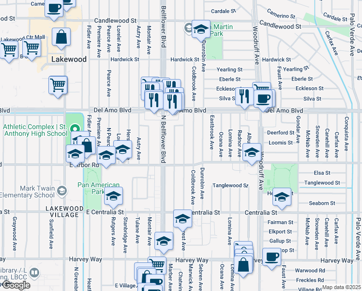 map of restaurants, bars, coffee shops, grocery stores, and more near 4751 Briercrest Ave in Lakewood