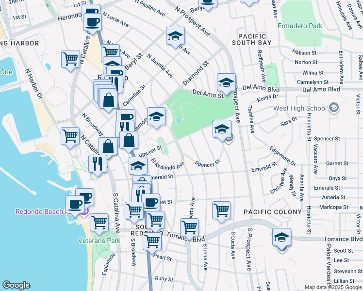 map of restaurants, bars, coffee shops, grocery stores, and more near 507 El Redondo in Redondo Beach