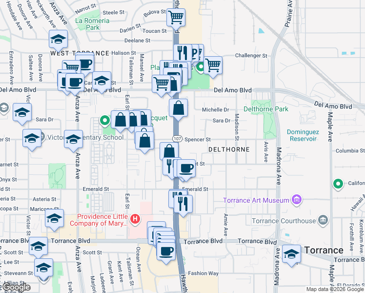 map of restaurants, bars, coffee shops, grocery stores, and more near 20522 Hawthorne Boulevard in Torrance
