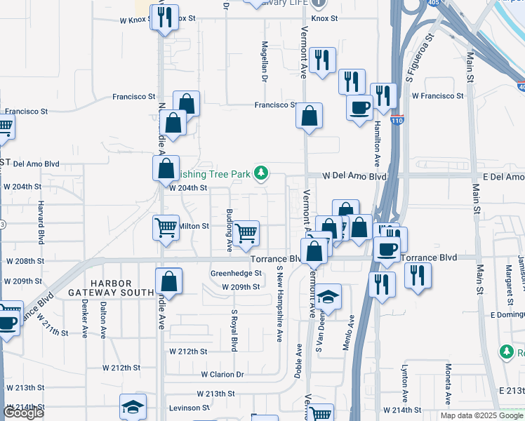 map of restaurants, bars, coffee shops, grocery stores, and more near 20507 Berendo Avenue in Torrance