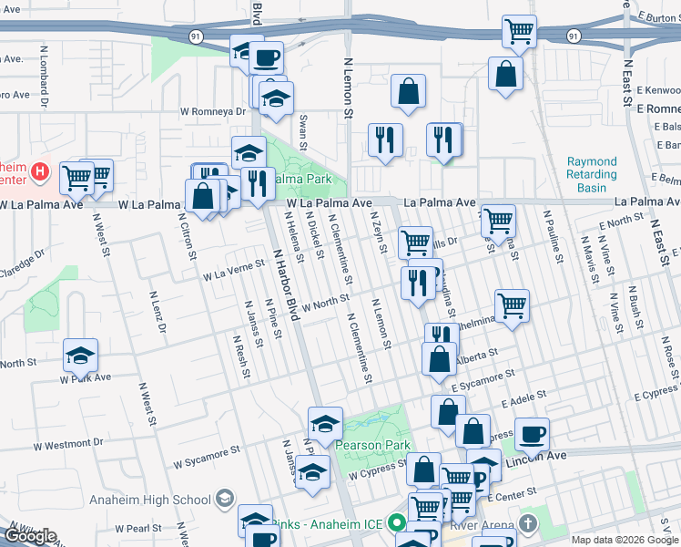 map of restaurants, bars, coffee shops, grocery stores, and more near 825 North Clementine Street in Anaheim