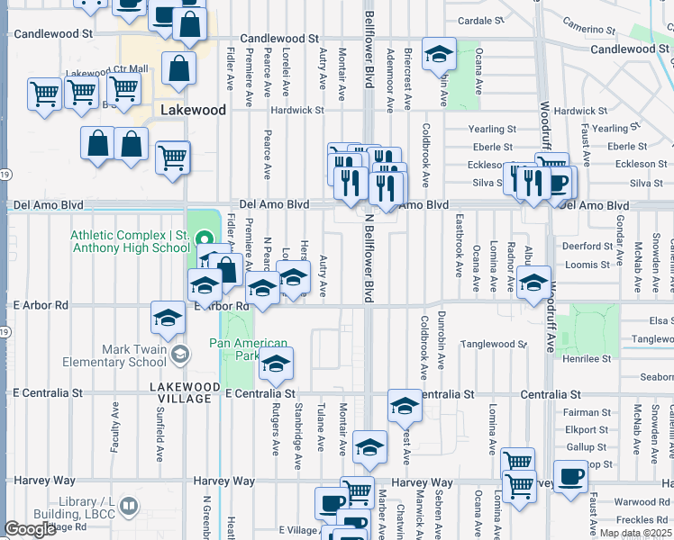 map of restaurants, bars, coffee shops, grocery stores, and more near 4749 Montair Avenue in Long Beach