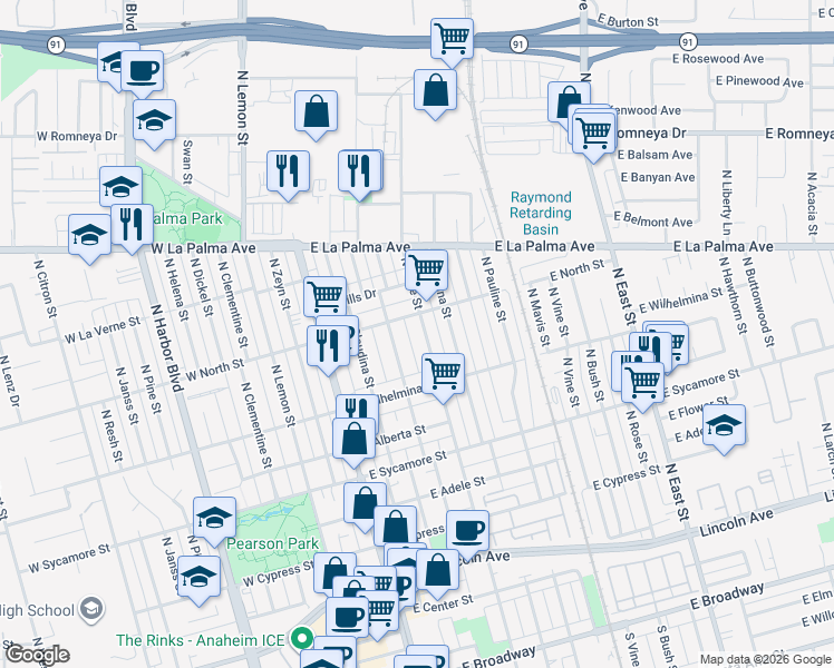map of restaurants, bars, coffee shops, grocery stores, and more near 747 North Olive Street in Anaheim