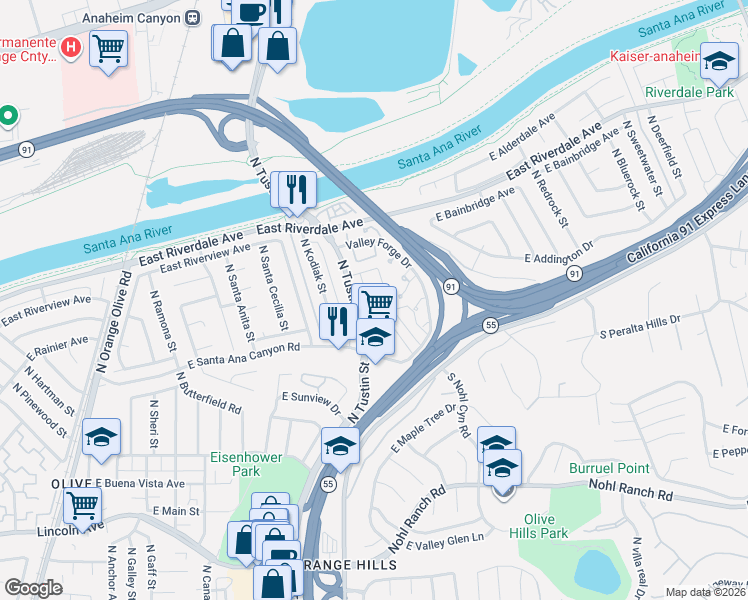 map of restaurants, bars, coffee shops, grocery stores, and more near 213 North Merrimac Drive in Anaheim