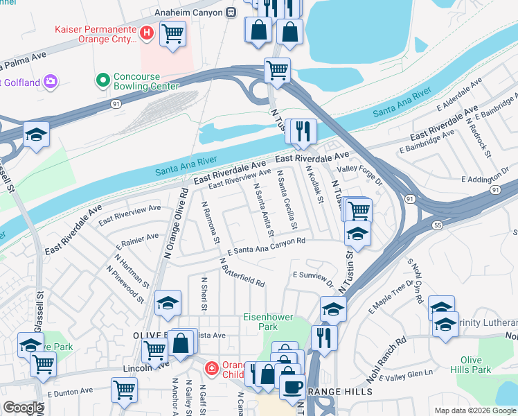 map of restaurants, bars, coffee shops, grocery stores, and more near 4138 North Santa Anita Street in Orange