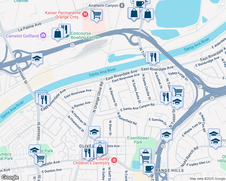 map of restaurants, bars, coffee shops, grocery stores, and more near 4137 North Ramona Street in Orange