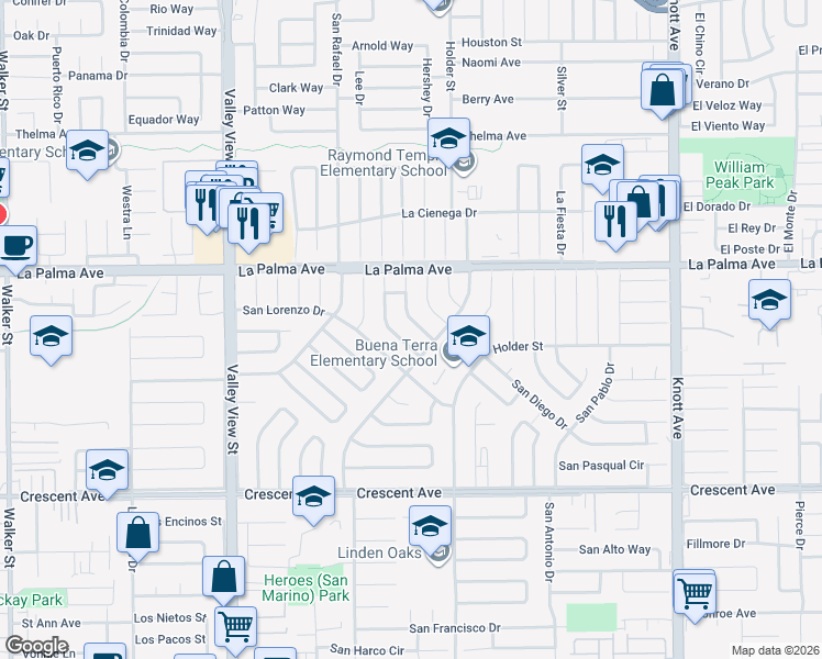 map of restaurants, bars, coffee shops, grocery stores, and more near 8101 San Miguel Circle in Buena Park