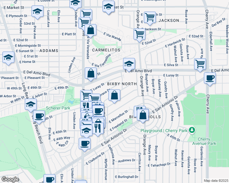 map of restaurants, bars, coffee shops, grocery stores, and more near 1069 East Ridgewood Street in Long Beach