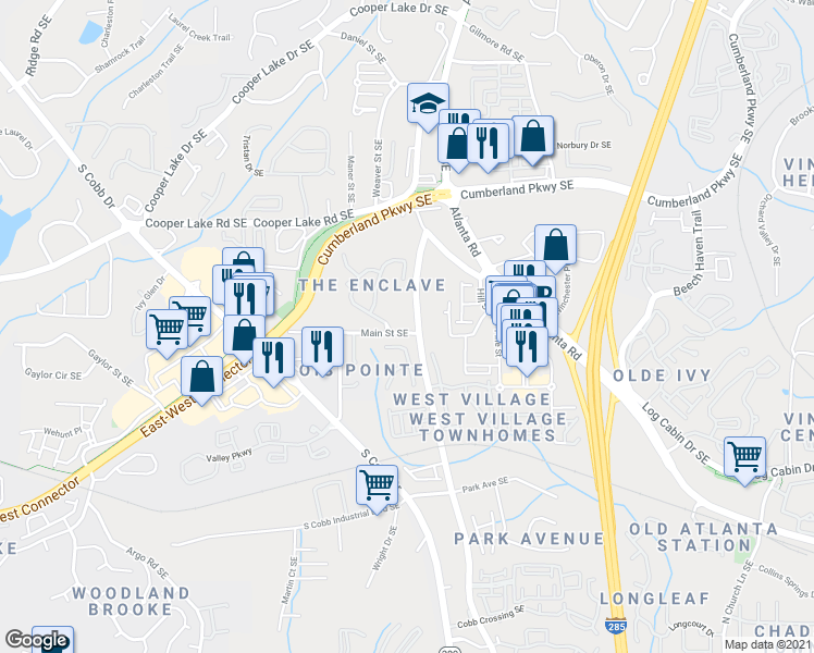 map of restaurants, bars, coffee shops, grocery stores, and more near 4500 Oakdale Road in Smyrna