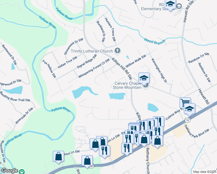 map of restaurants, bars, coffee shops, grocery stores, and more near 4353 Pond Edge Road Southwest in Snellville