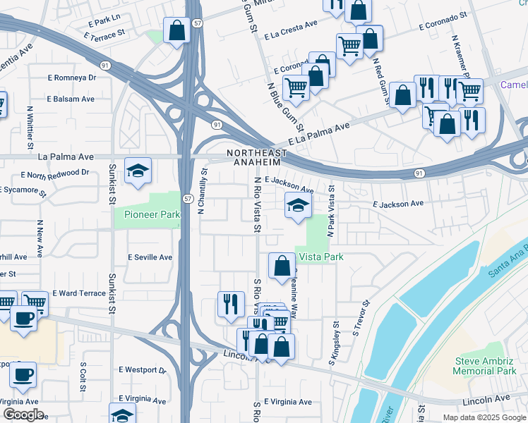 map of restaurants, bars, coffee shops, grocery stores, and more near 400 North Rio Vista Street in Anaheim