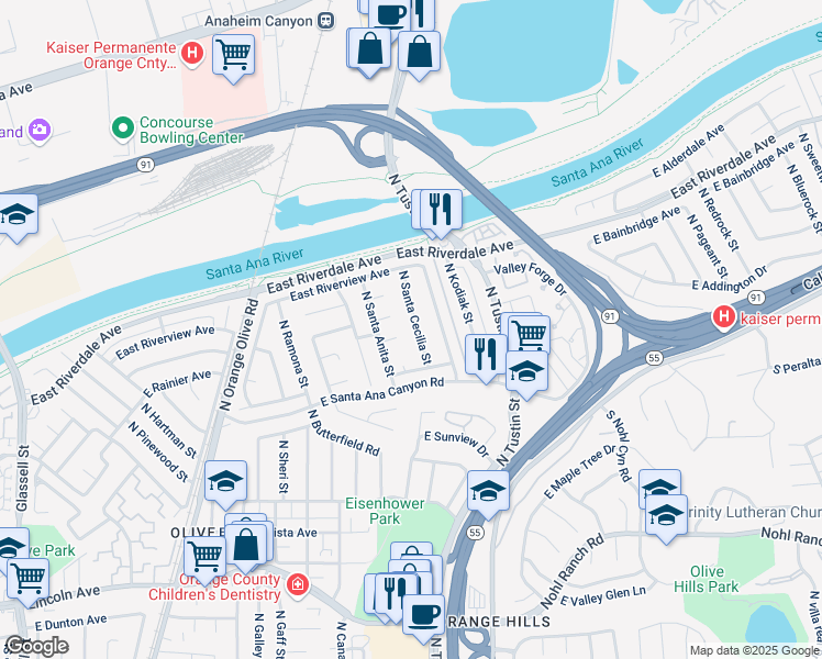 map of restaurants, bars, coffee shops, grocery stores, and more near 4120 North Santa Cecilia Street in Orange