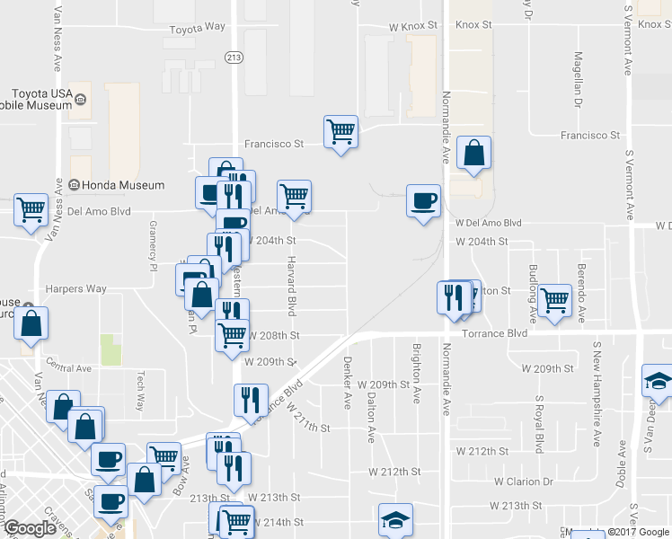 map of restaurants, bars, coffee shops, grocery stores, and more near 1528 West 205th Street in Torrance