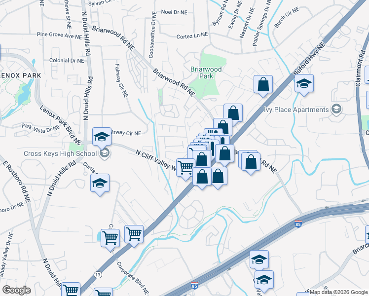 map of restaurants, bars, coffee shops, grocery stores, and more near 207 Pine Cone Lane Northeast in Atlanta