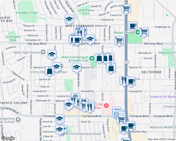 map of restaurants, bars, coffee shops, grocery stores, and more near 4432 Spencer Street in Torrance