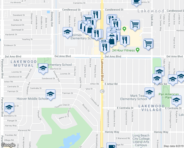 map of restaurants, bars, coffee shops, grocery stores, and more near 4748 Oliva Avenue in Lakewood