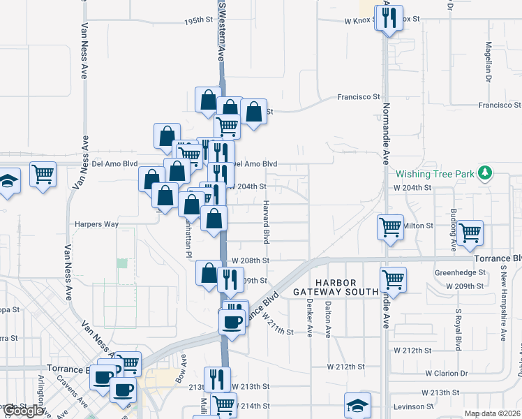 map of restaurants, bars, coffee shops, grocery stores, and more near 1604 West 205th Street in Torrance
