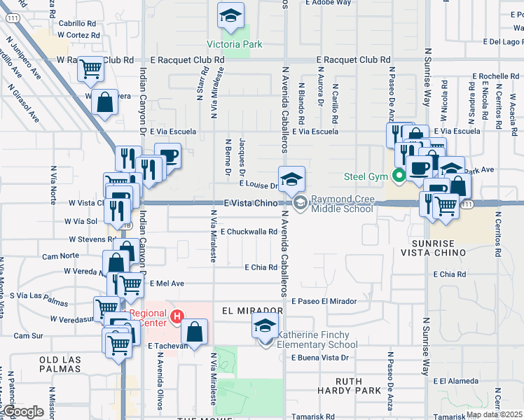map of restaurants, bars, coffee shops, grocery stores, and more near 920 East Cottonwood Road in Palm Springs