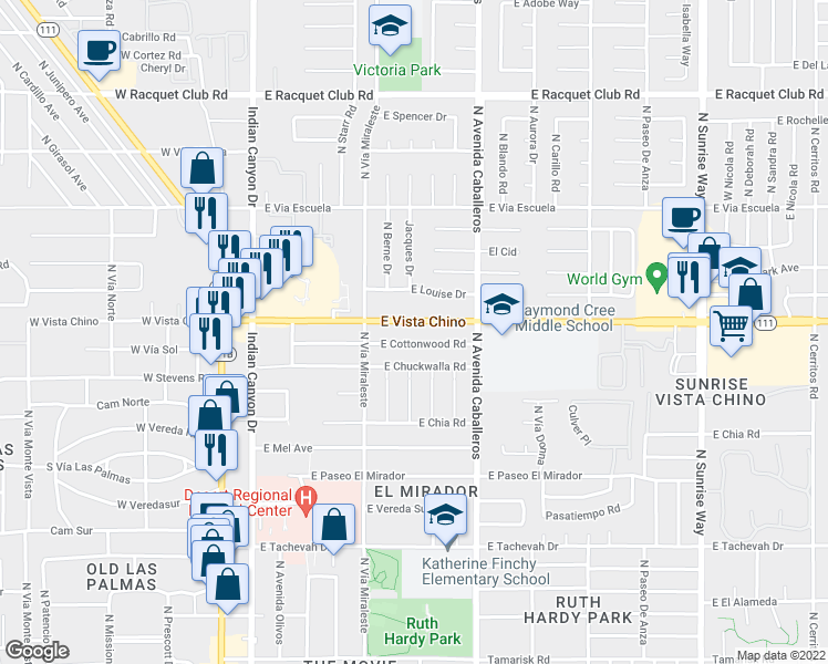 map of restaurants, bars, coffee shops, grocery stores, and more near 733 East Vista Chino in Palm Springs