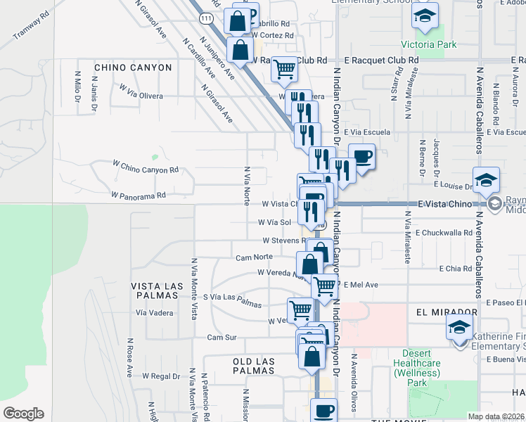 map of restaurants, bars, coffee shops, grocery stores, and more near 345 West Vista Chino in Palm Springs