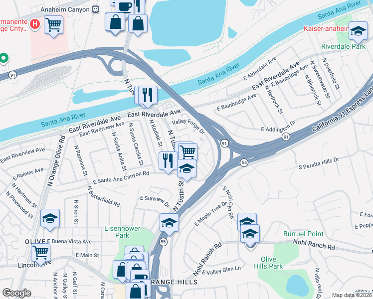 map of restaurants, bars, coffee shops, grocery stores, and more near 213 North Merrimac Drive in Anaheim