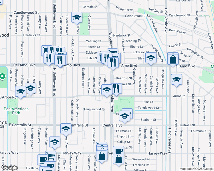 map of restaurants, bars, coffee shops, grocery stores, and more near 4745 Albury Avenue in Lakewood