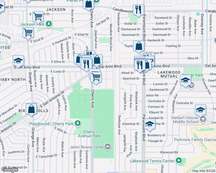 map of restaurants, bars, coffee shops, grocery stores, and more near 4700 Clair Del Avenue in Long Beach