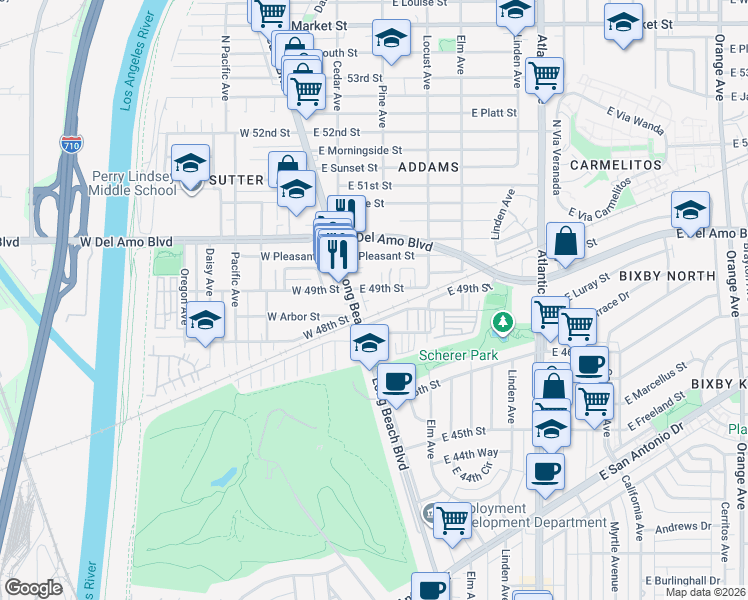 map of restaurants, bars, coffee shops, grocery stores, and more near 4860 Long Beach Boulevard in Long Beach