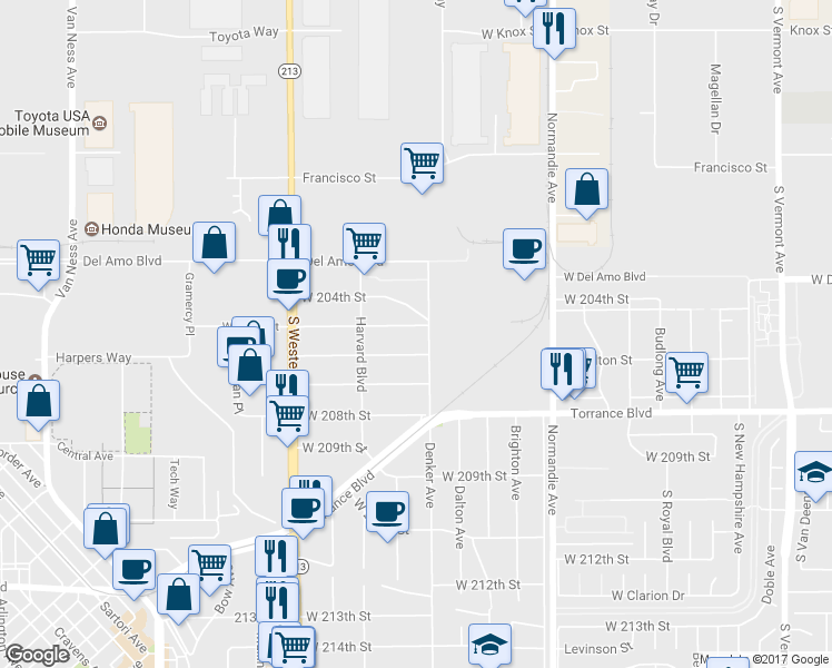 map of restaurants, bars, coffee shops, grocery stores, and more near 1528 West 205th Street in Torrance