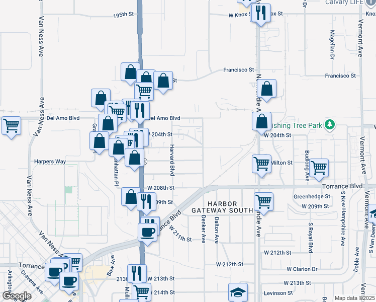 map of restaurants, bars, coffee shops, grocery stores, and more near 1528 West 205th Street in Torrance