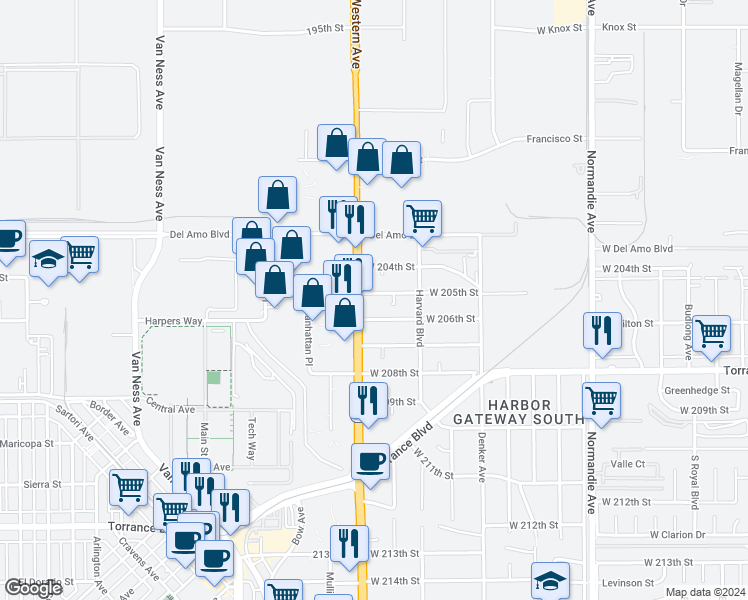 map of restaurants, bars, coffee shops, grocery stores, and more near 1636 West 205th Street in Torrance