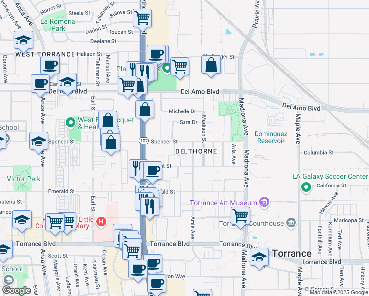 map of restaurants, bars, coffee shops, grocery stores, and more near 3620 Spencer Street in Torrance