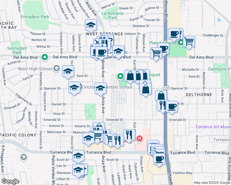 map of restaurants, bars, coffee shops, grocery stores, and more near 4432 Spencer Street in Torrance