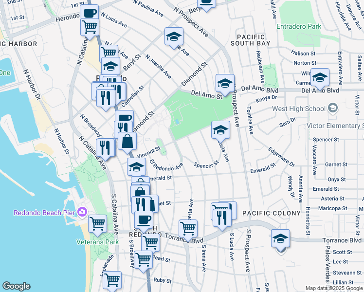 map of restaurants, bars, coffee shops, grocery stores, and more near 231 North Irena Avenue in Redondo Beach