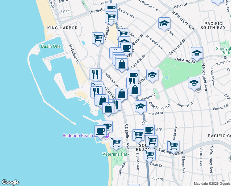map of restaurants, bars, coffee shops, grocery stores, and more near in Redondo Beach