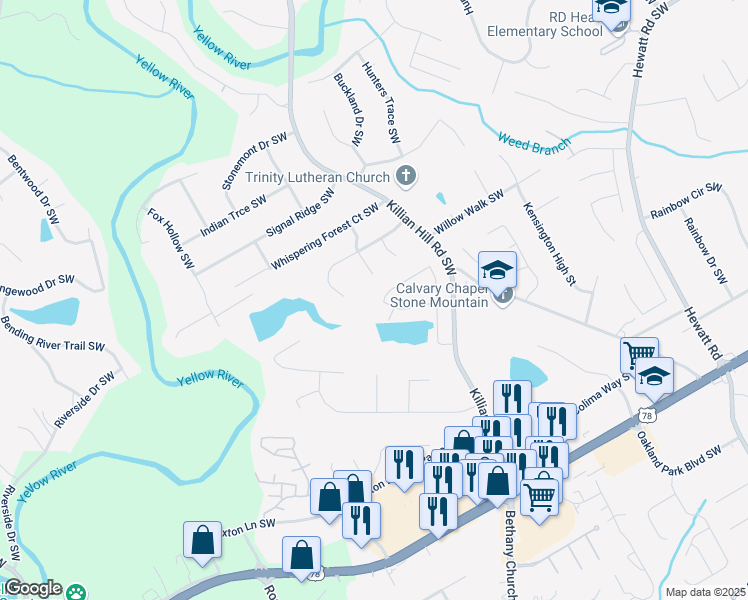 map of restaurants, bars, coffee shops, grocery stores, and more near 4353 Pond Edge Road Southwest in Snellville