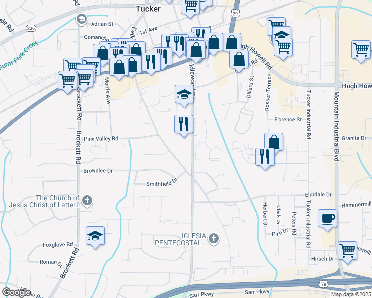 map of restaurants, bars, coffee shops, grocery stores, and more near 2051 Fellowship Road in Tucker